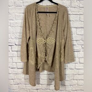 Pretty Angel Beige Linen Blend Lace Trim Boho Cardigan Sweater Artsy Lagenlook L